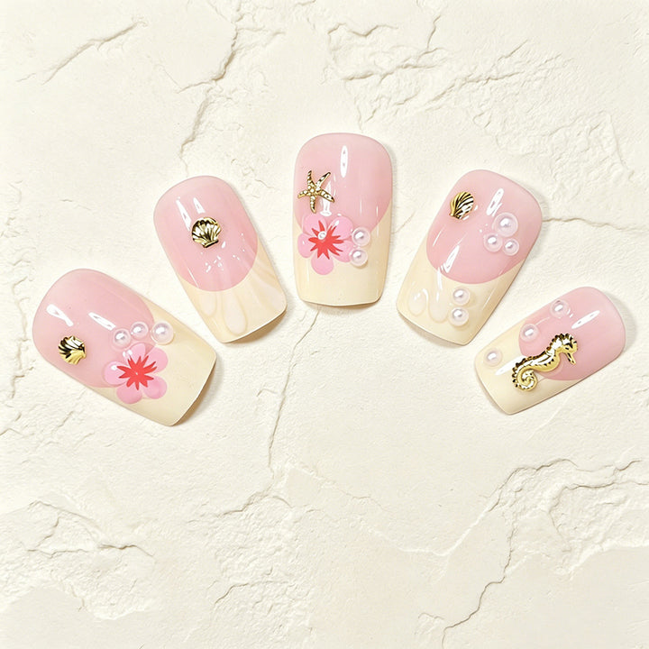 Tropische Muschel- und Blumen-Press-On-Nagelkunst Karnz