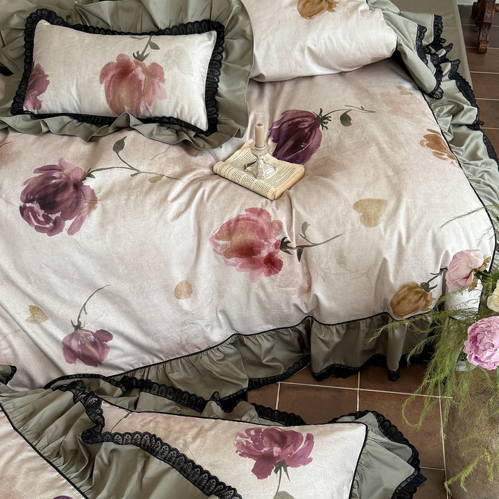 Blumige Aquarell Rüsch Baumwollsatin Bettbezug Set mit dekorativen Rüschenkissenbezügen