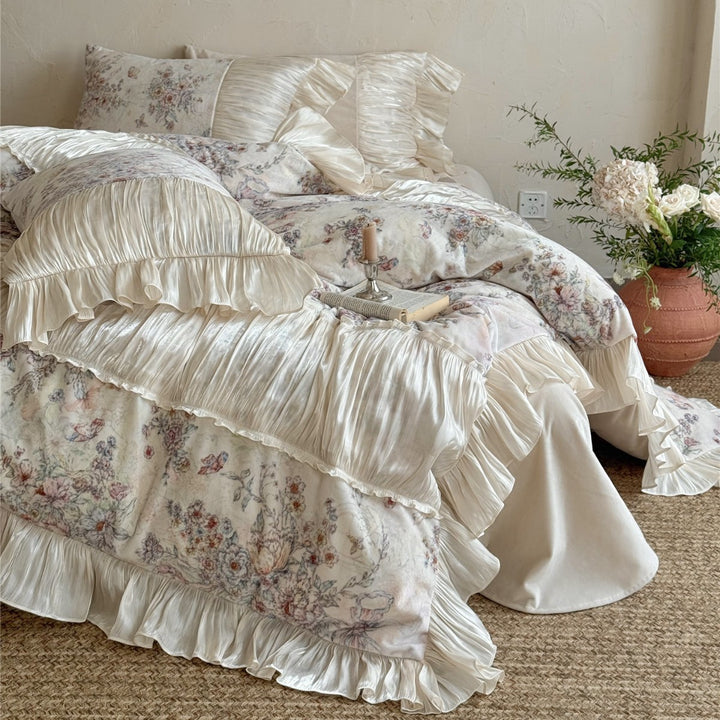 Vintage Botanische Steppdecke Set mit Falten Satin Rüsche & Euro Kissenbezüge