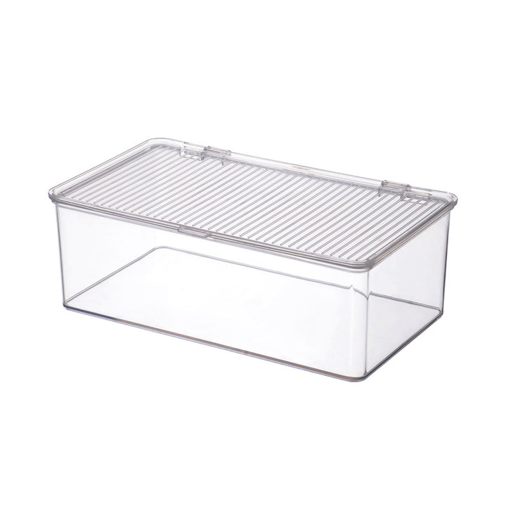 Transparente Aufbewahrungsbox mit Klappverschluss und geriffelter Deckelfläche