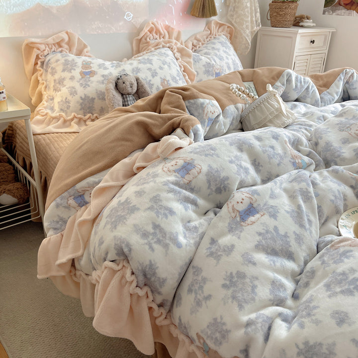 Rüsch-Plüsch Wendbare Bettwäsche Set mit Cartoon-Hase Druck und Flanell Kissenbezügen
