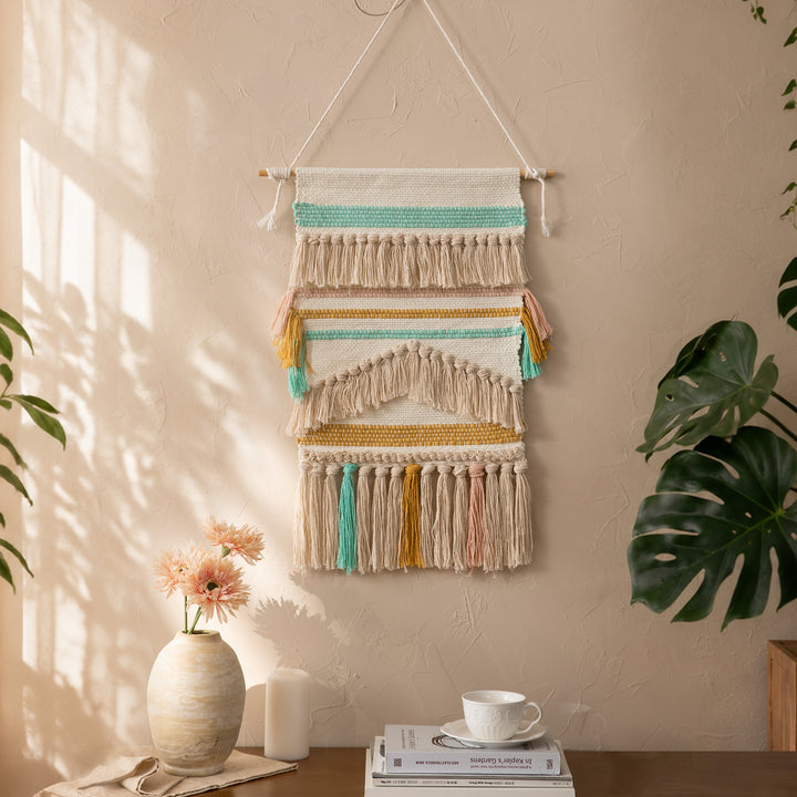Boho-Wandbehang Makramee mit handgeknüpften Fransen und gewebten Zopfmustern Karnz