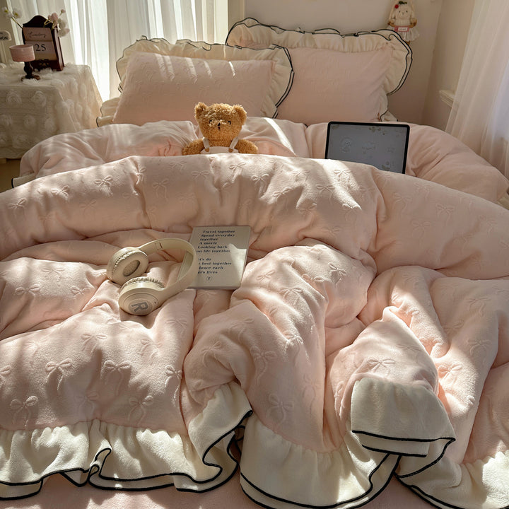 Plush Jacquard Quilted Duvet Comforter with Ruffle Trim and Contrast Piping