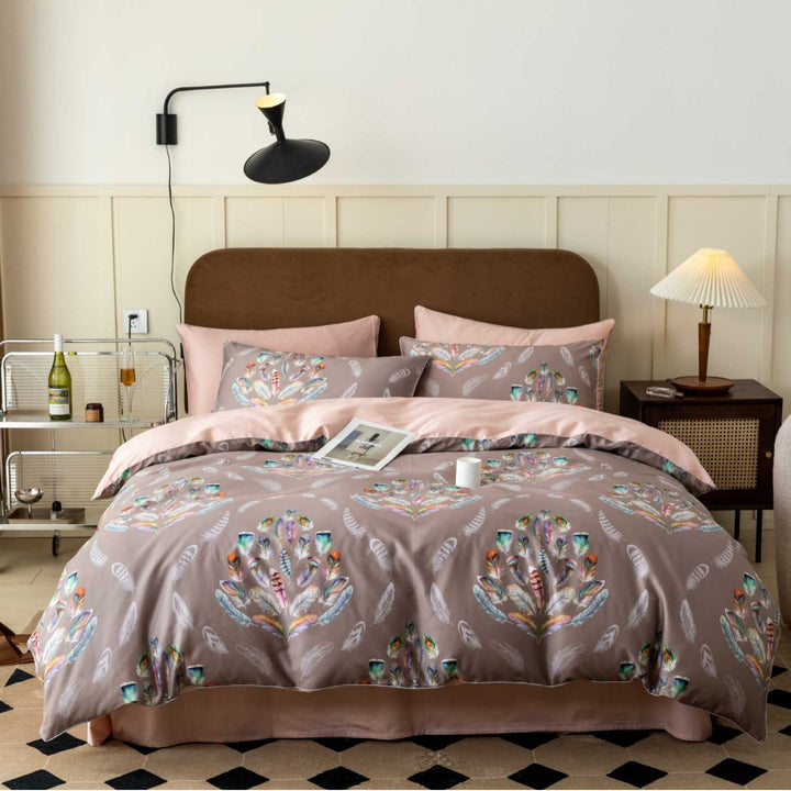 Luxoriöses florales Bettbezug-Set mit umkehrbarem einfarbigem Laken und Kissenbezügen