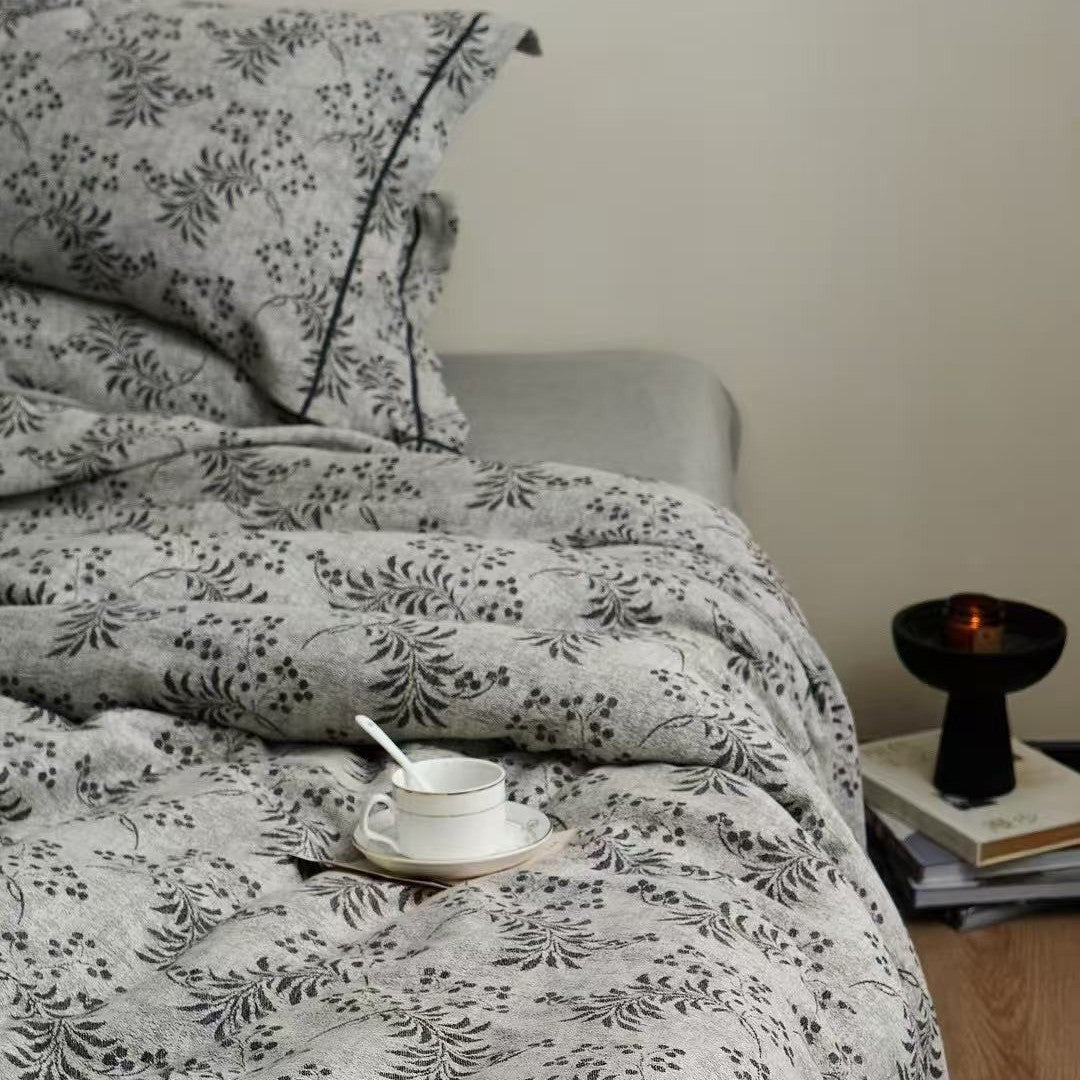 Leinen-Baumwolle Floral Bettbezug Set mit Jacquard-Struktur und gepipten Kissenbezügen