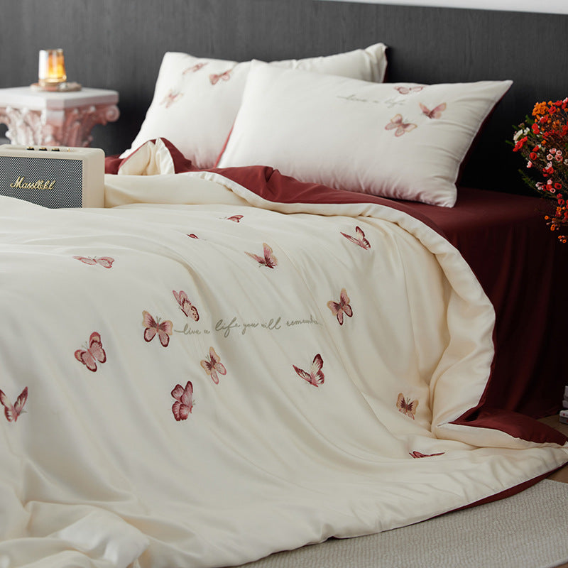 Luxuriöses Baumwollsatin-Bettbezug-Set mit bestickten Schmetterlingsmotiven und wendbarem Design