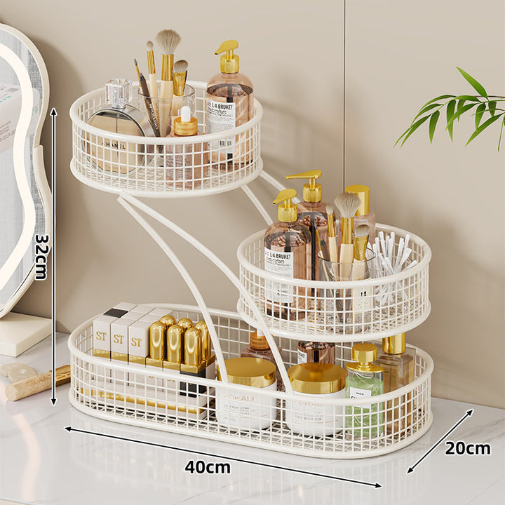 Dreischichtiger Mesh-Vanity- und Arbeitsplatten-Organizer mit integriertem Taschentuchslot und Metallgitterkörben