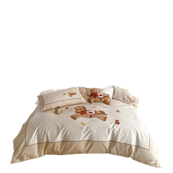 Kinder Bettwäsche-Set mit gesticktem Schaukelpferd und weicher Satin-Baumwolle