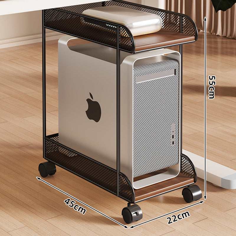 Mobiler Desktop-CPU-Turmständer mit Mesh-Seitenwänden, Holzsockel und arretierbaren Rollen
