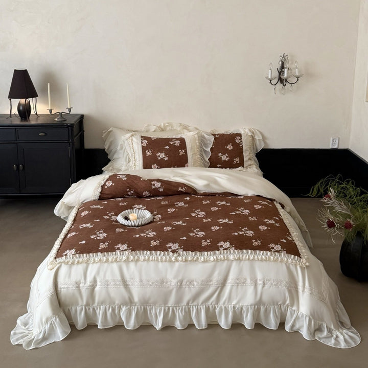 Vintage-Rosen-Druck Rüschensatin Steppbettbezug Ensemble
