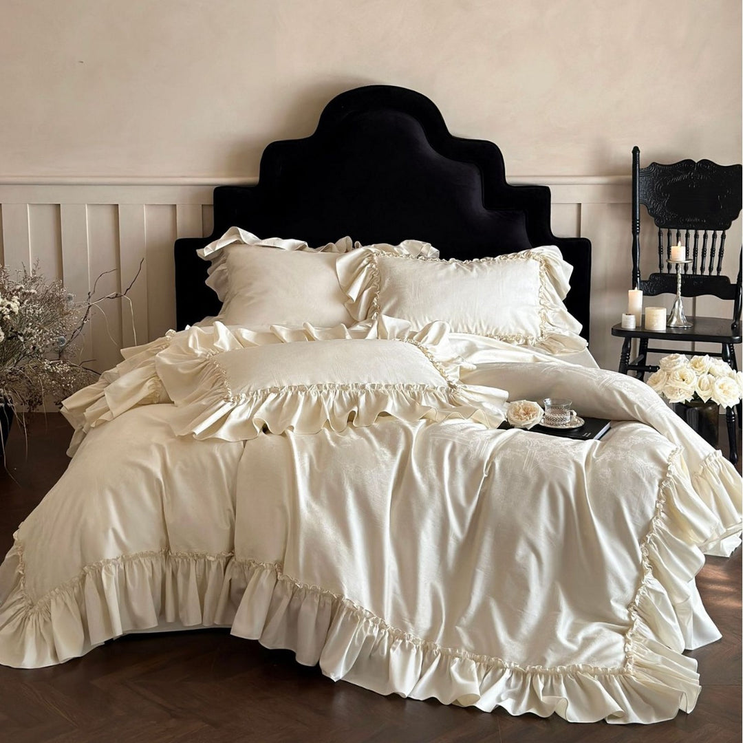 Rüsch Satin Jacquard Bettbezug Set mit gerafftem Rand und Kissenbezügen