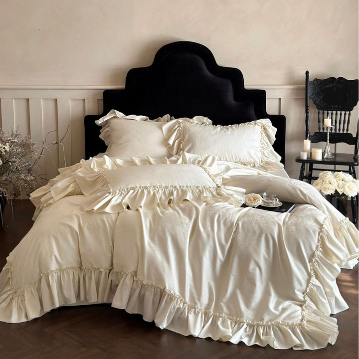 Rüsch Satin Jacquard Bettbezug Set mit gerafftem Rand und Kissenbezügen