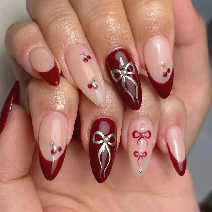 Elegantes Schleifen- und Kirschdesign Nagelkunstset