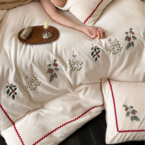 Bestickte botanische Leinen Bettbezug Set mit gewelltem roten Paspel