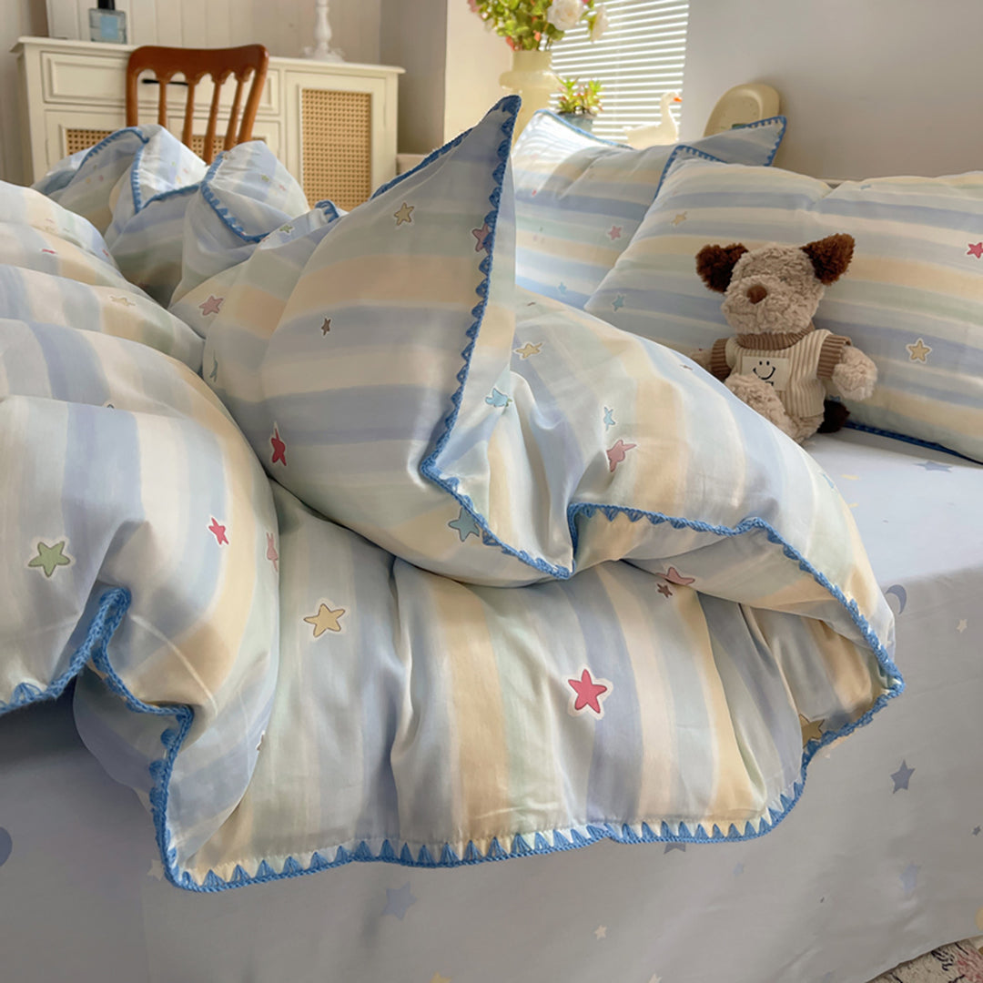 Kinder-Pastell gestreifte Sternenprint Bettbezug Set mit gewelltem Rand