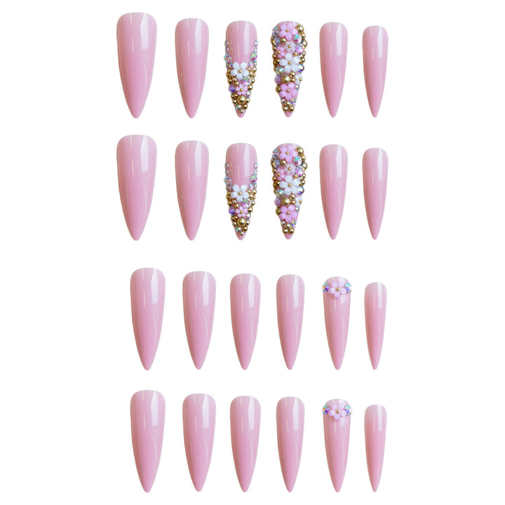 Kunstnagelset mit floralen 3D-Verzierungen und Glitzer Karnz