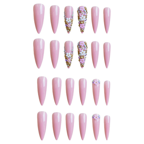 Kunstnagelset mit floralen 3D-Verzierungen und Glitzer Karnz