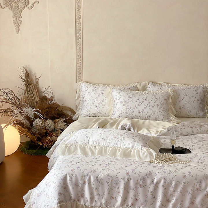 Luxuriöses Floral Satin Bettwäsche Set mit Rüschensaum
