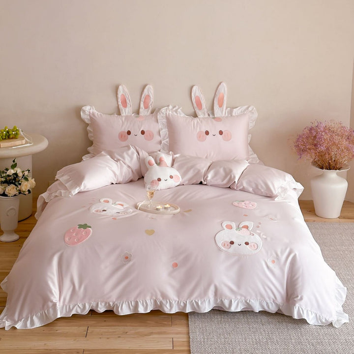 Rüschende Baumwollsateen-Kaninchen-Applikation Bettbezug-Set mit Ohr-Kissenbezügen