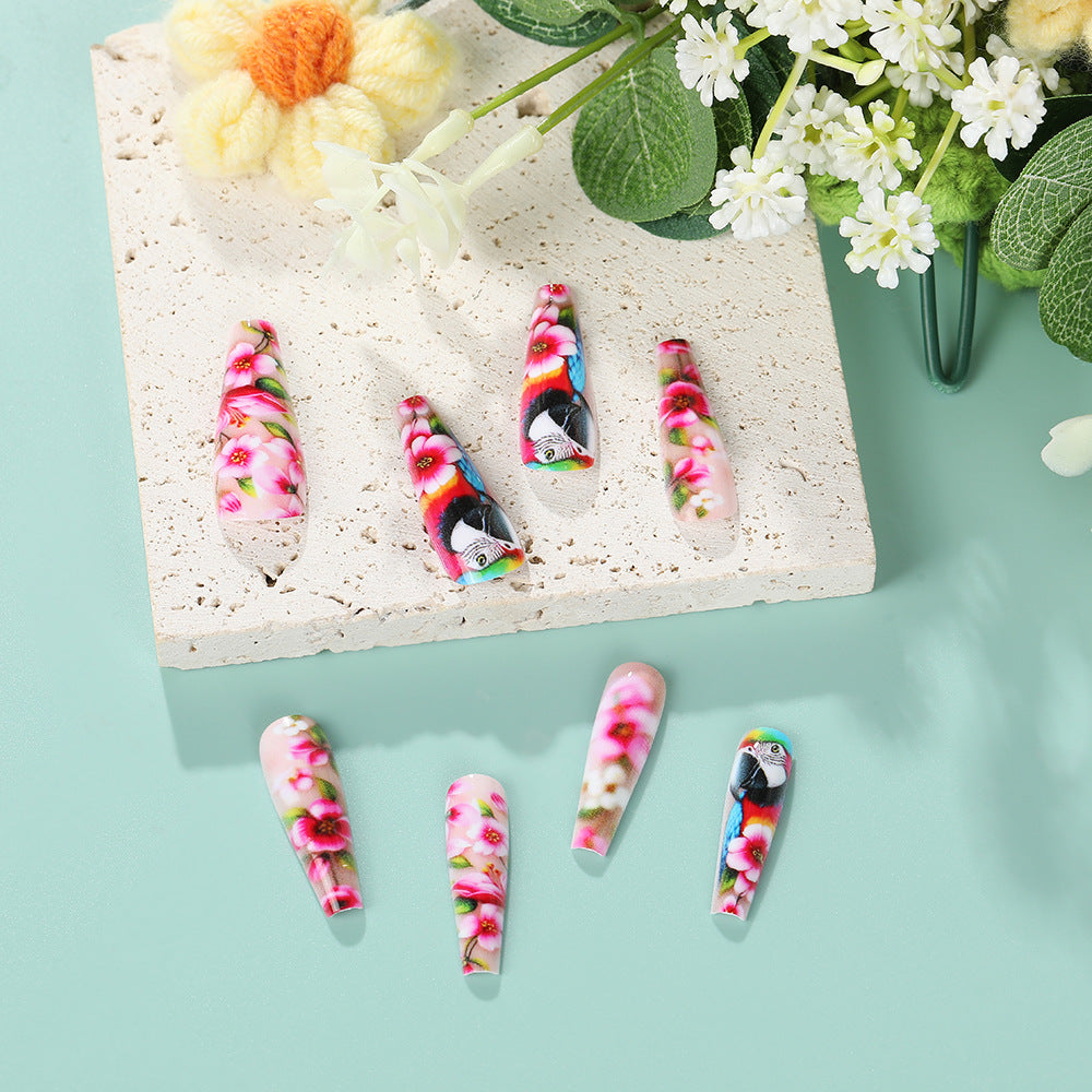 Exquisite Kunstnägel mit buntem Blumen- und Papageienmotiv Karnz