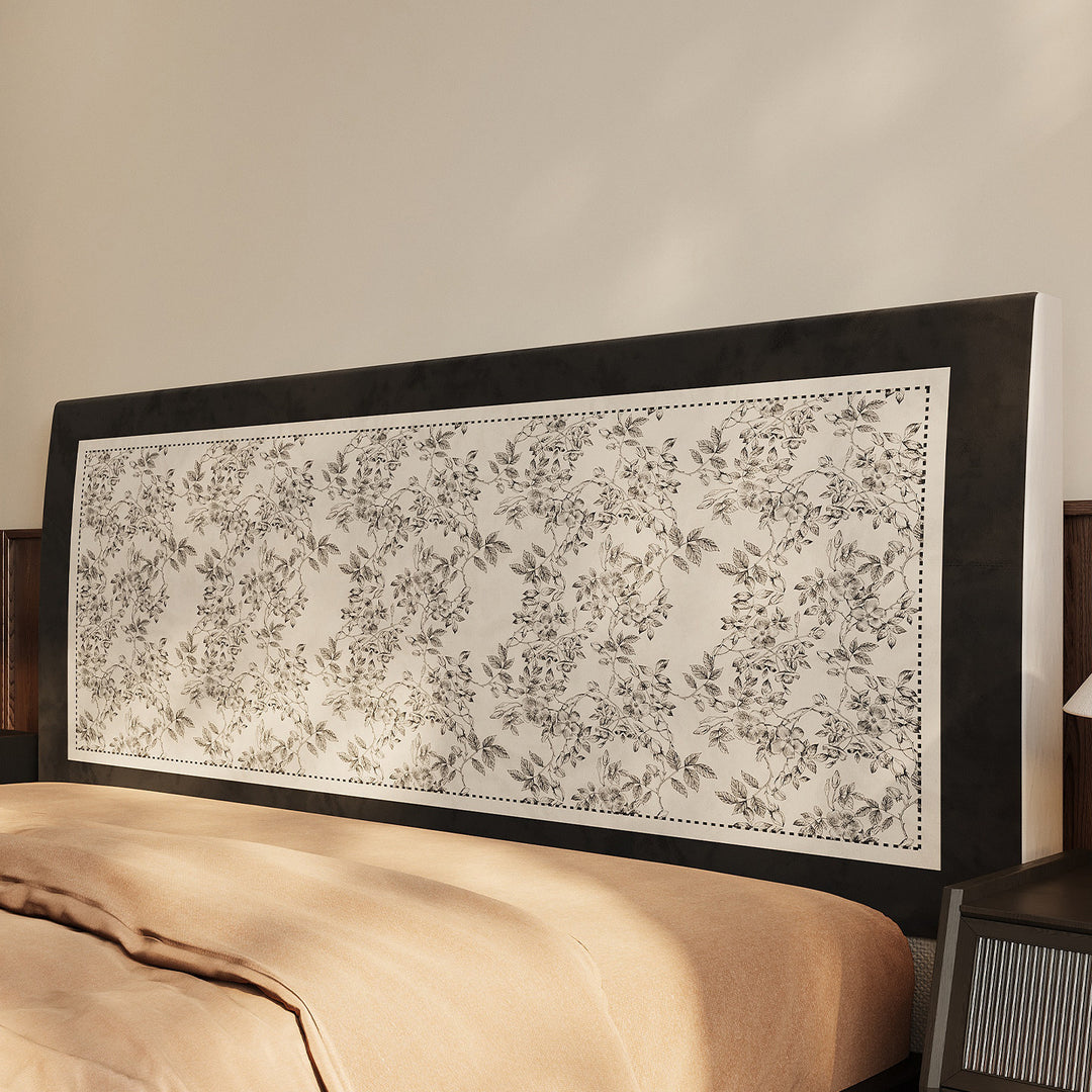 Removable Quilted Upholstered Headboard Slipcover with Framed Toile Floral Panel