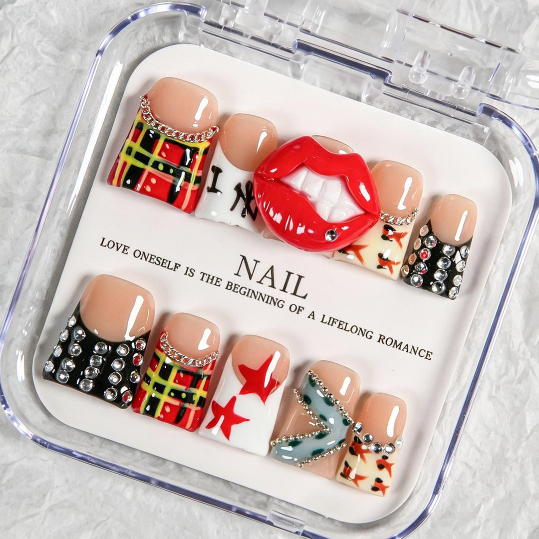 Künstlerisches Press-On-Nagelset mit lustigen Designs