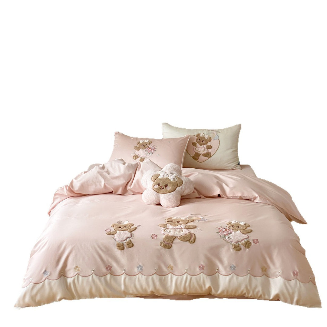 Bestickte Teddy Bear Luxus Baumwoll-Satin Jugend Bettwäsche Set