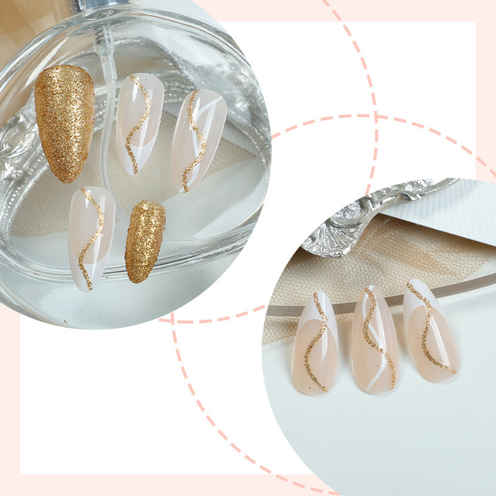 Elegantes Press-On-Nail-Set mit Glitzer und goldenen Wirbelakzenten Karnz