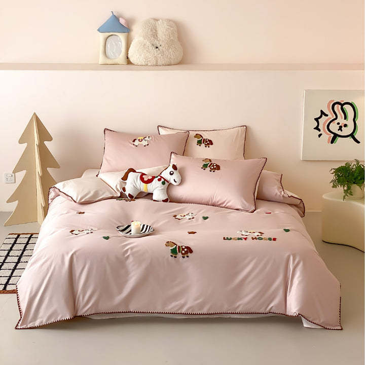 Besticktes Katzenapplikations-Satin-Feeling Bettbezug-Set mit Kontrastpipings und Kissenbezügen