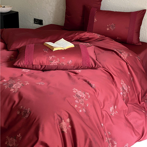 Premium-Satin-Bettwäsche-Garnitur mit dezentem Rosenjacquard und Hotelverschluss