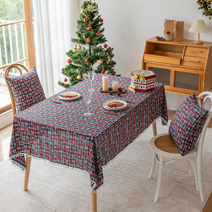 Festliches Karomuster Pom-Pom Trim Rechteckige Tischdecke