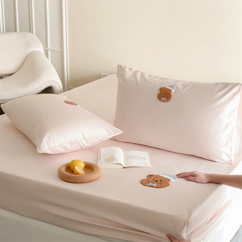 Besticktes Panda-Satin-Kissenbezug- und Spannbettlaken-Set