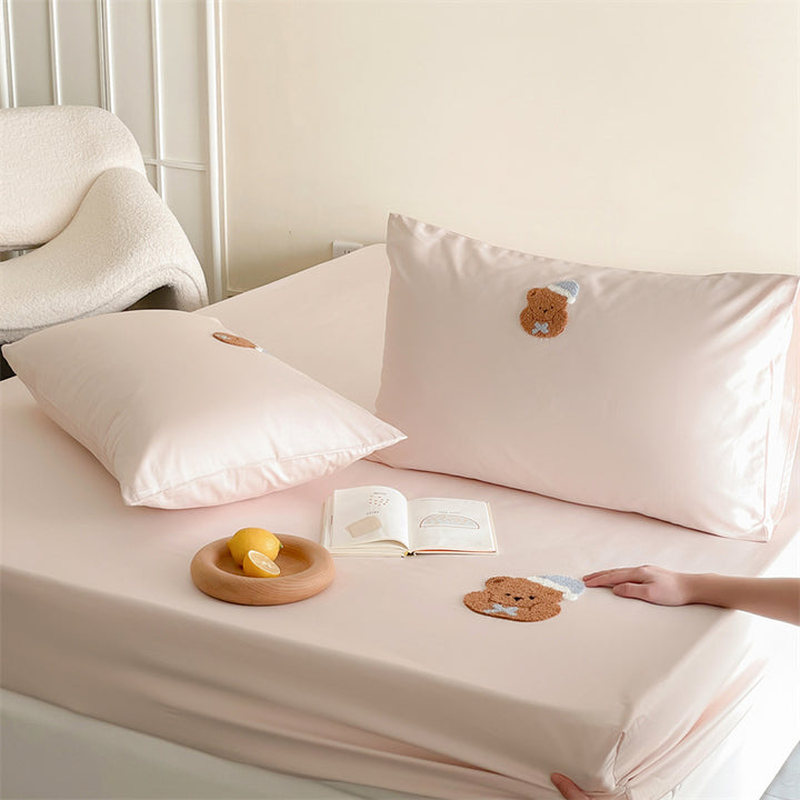 Besticktes Panda-Satin-Kissenbezug- und Spannbettlaken-Set