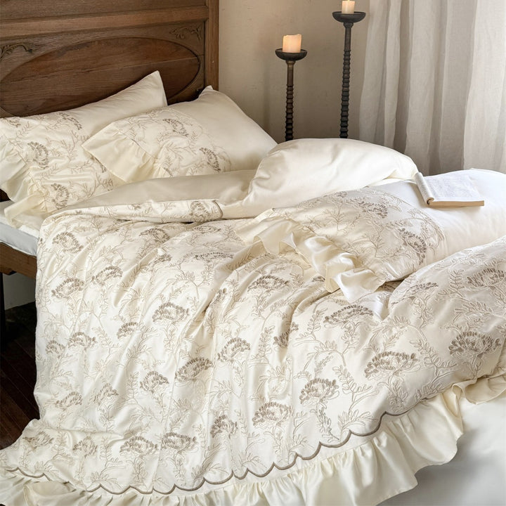 Luxus Gestickte Florale Baumwollsatin Bettbezug Set mit Wellensaum & Wendbarem Satin Rücken
