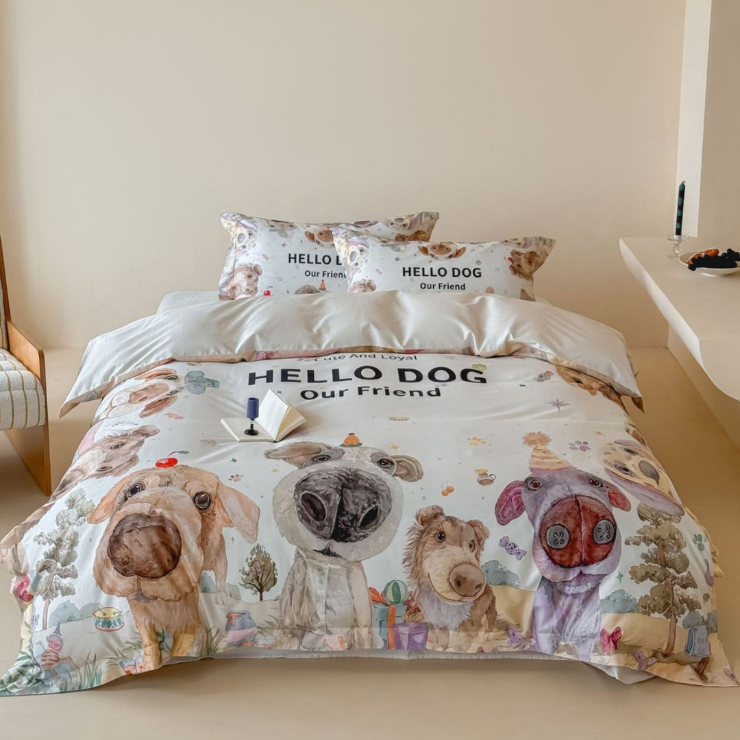 Illustriertes Aquarell Hund Bettbezug Set mit Kissenbezügen