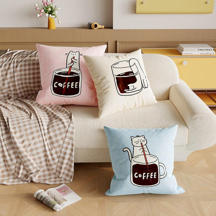 Square Decorative Pillow Cover with Cute Cat Stirring Coffee Illustration Soft Plush Removable Cushion Cover Hidden Zipper
