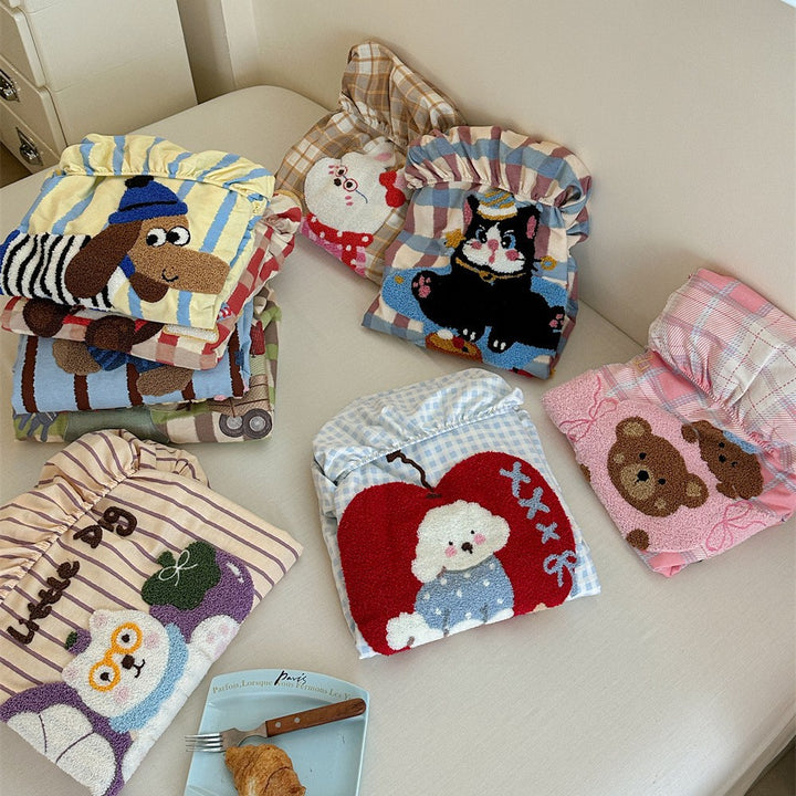 Gingham-Check-Baumwoll-Spannbettlaken und Kissenbezug Bettwaren-Set mit gesticktem Teddy