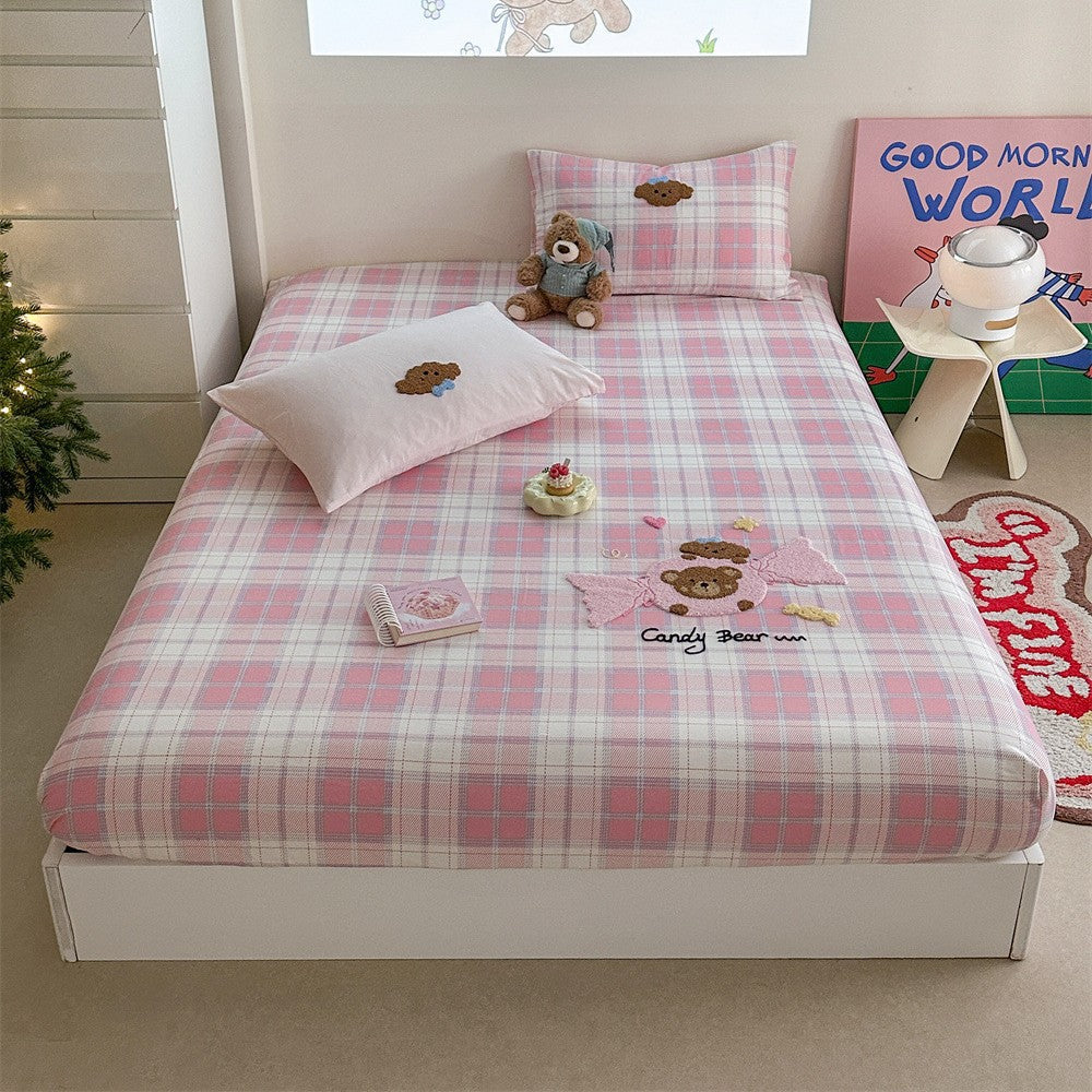 Gingham-Check-Baumwoll-Spannbettlaken und Kissenbezug Bettwaren-Set mit gesticktem Teddy