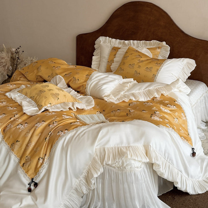 Rüschen Satin-Trim Quilt Bettbezug Set mit Spitzen-Einsätzen