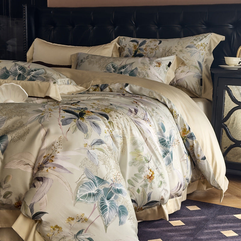 Seidiger Satin Botanisches Toile Bettbezug Set