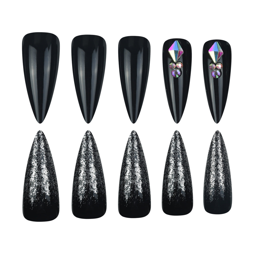 Stiletto Press-On Nagelset mit Glitter und Edelstein-Accents Karnz