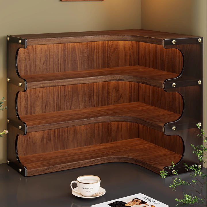 Eck-Dre tiers Holz Theke Anzeige Regal Organizer mit gebogenen Regalen und Messing Akzenten