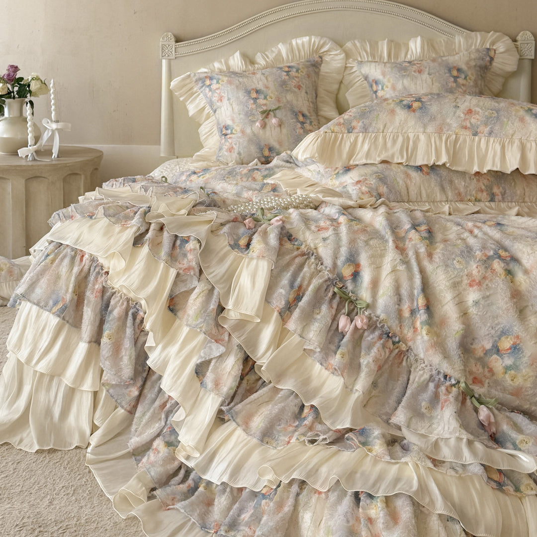 Romantisches Schicht-Rüsche Blüten Bettwäsche Set mit Satin-Trim Kissenbezügen