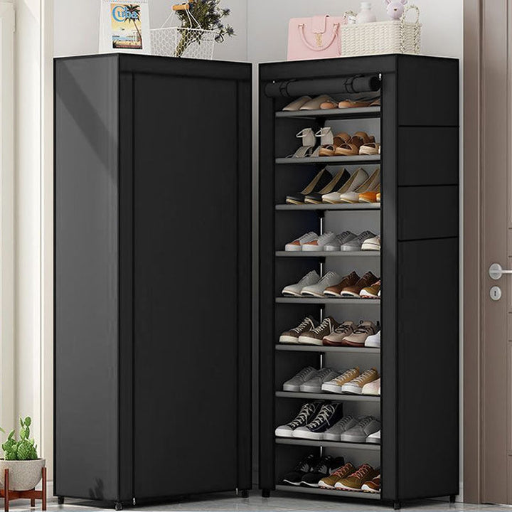 hoher vertikaler Schuhschrank mit aufrollbarem Schutzdeckel und klaren Regalplatten Karnz
