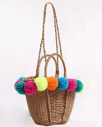 Damen Strandtasche mit bunten Pompons Karnz