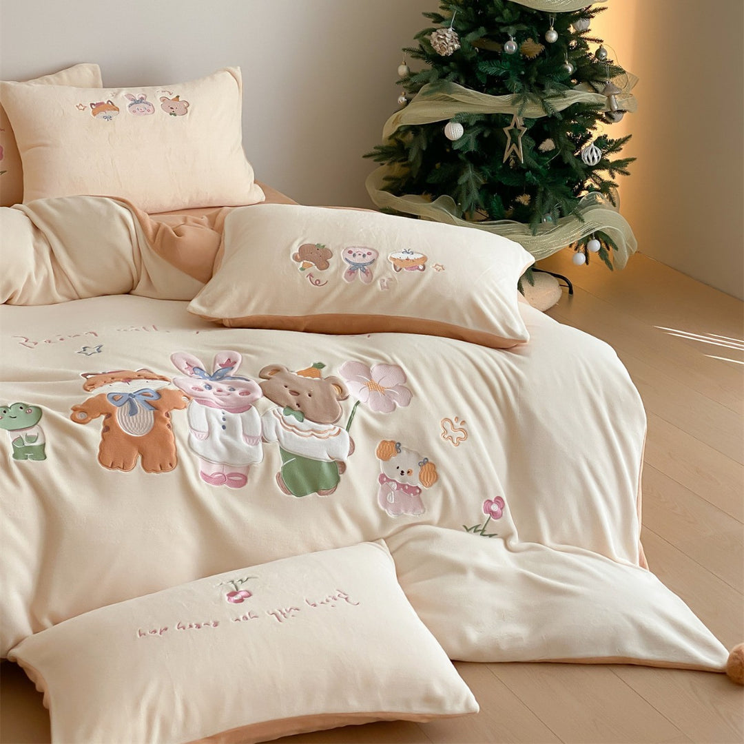 Kinder bestickte Applikations Baumwollsatin Bettbezug Set mit Cartoon Tiermotiven