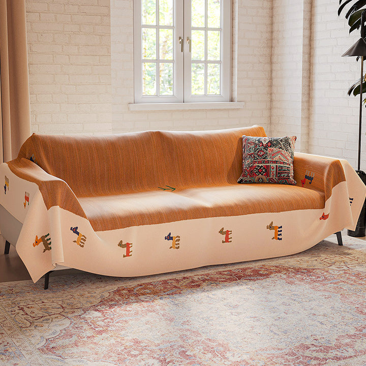 Reversible Oversized Woven Jacquard Sofa Slipcover Blanket with Tribal Stripe Pattern