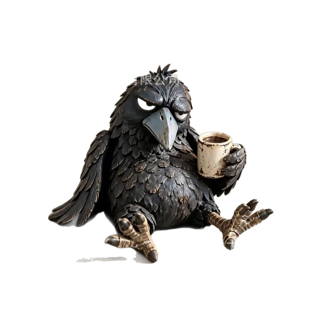Eigenwillige Krähen Skulptur mit Kaffeetasse Karnz