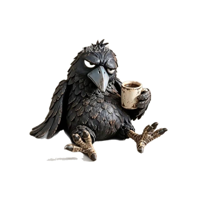 Eigenwillige Krähen Skulptur mit Kaffeetasse Karnz