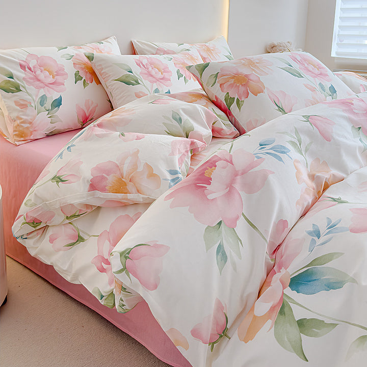 Rose-Print Baumwollsatin Bettbezug Ensemble mit hypoallergenem Daunenalternative Komforter